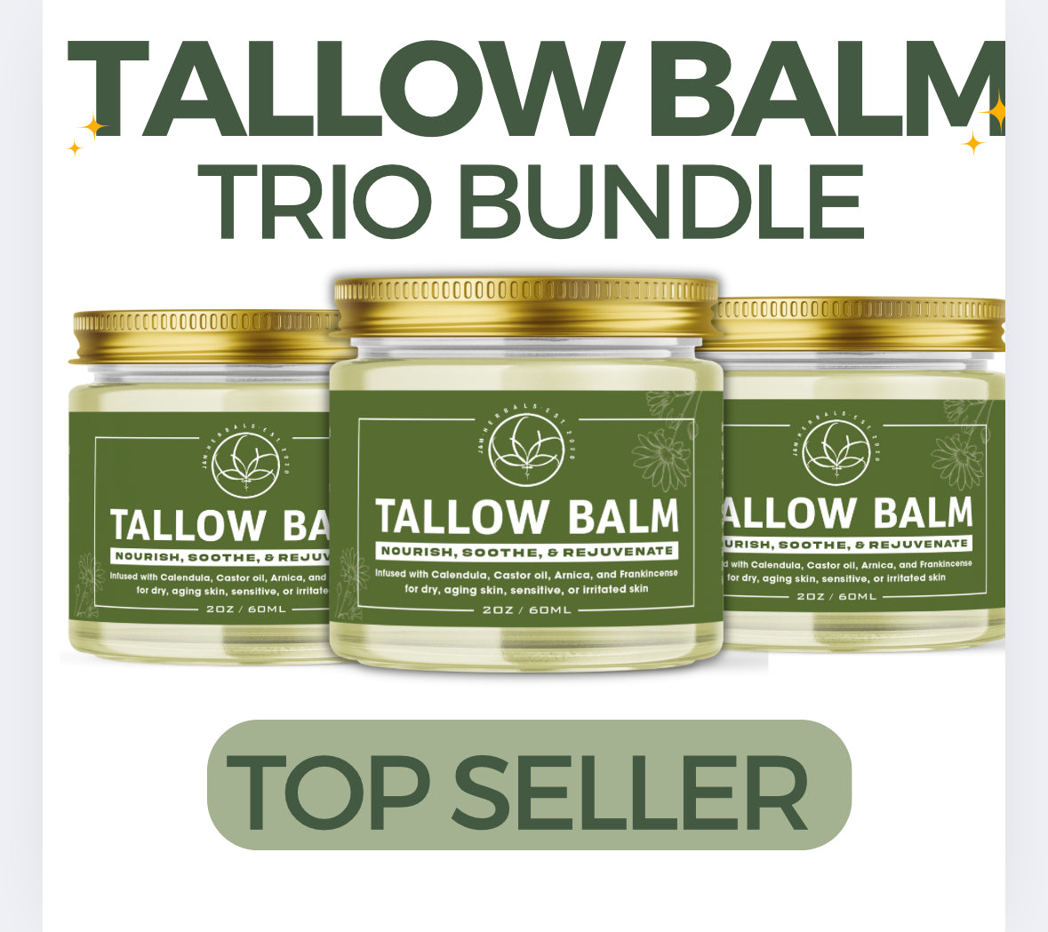 Tallow Balm: Soothes, Heals & Hydrates with Calendula, Arnica, Castor Oil, & Frankincense