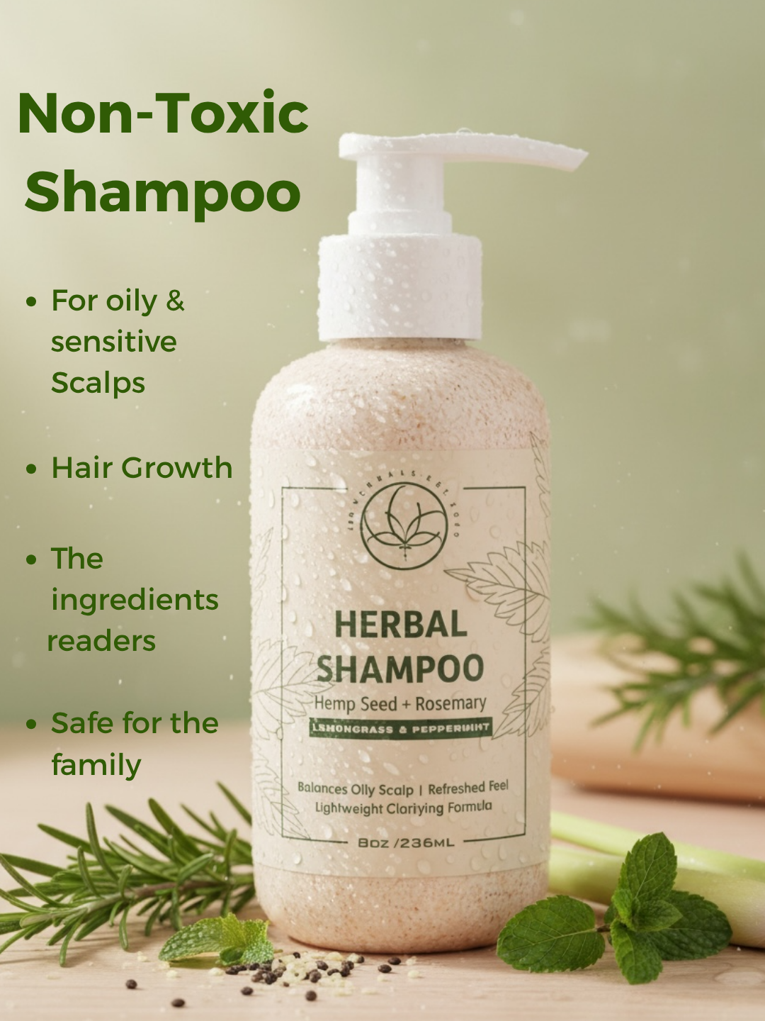 HERBAL SHAMPOO | Hemp Seed + Rosmary | Lightweight Clarifying Formula | upgraded 10oz bottle